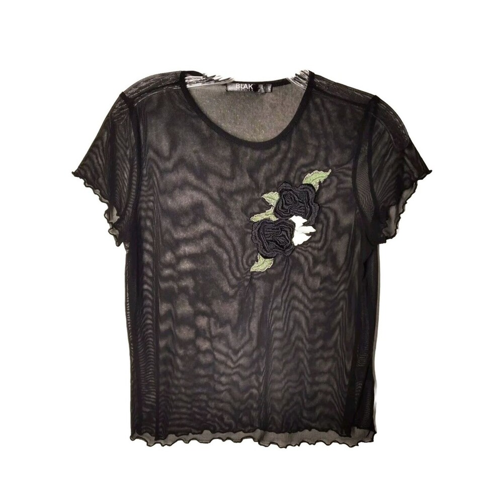 Blak Atelier Black Rose Embroidered Sheer Mesh Vintage Y2K Blouse LG